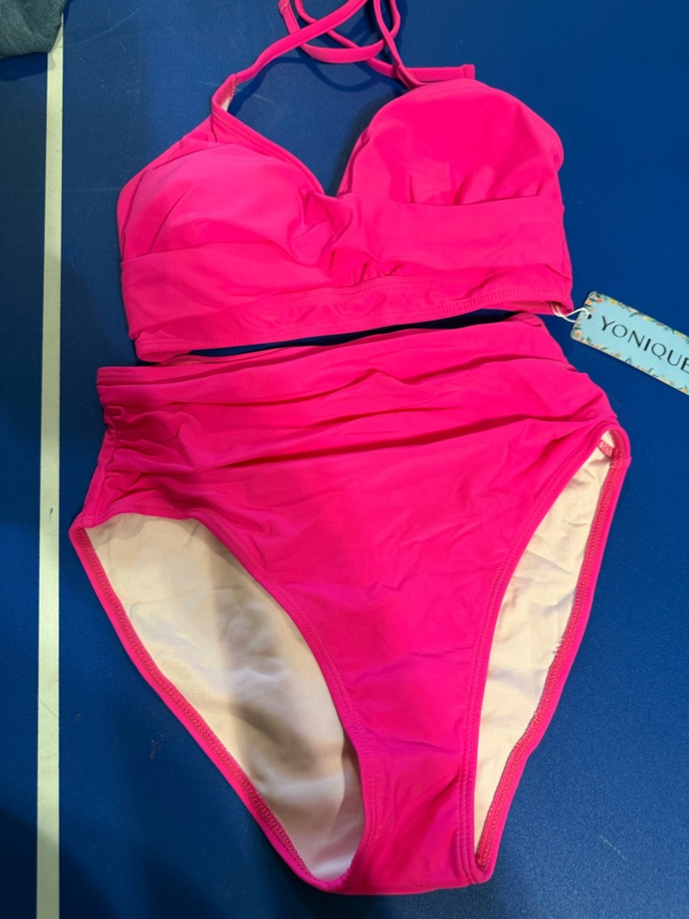 Younique Neon Pink Ruched High-Waist Bikini Set
